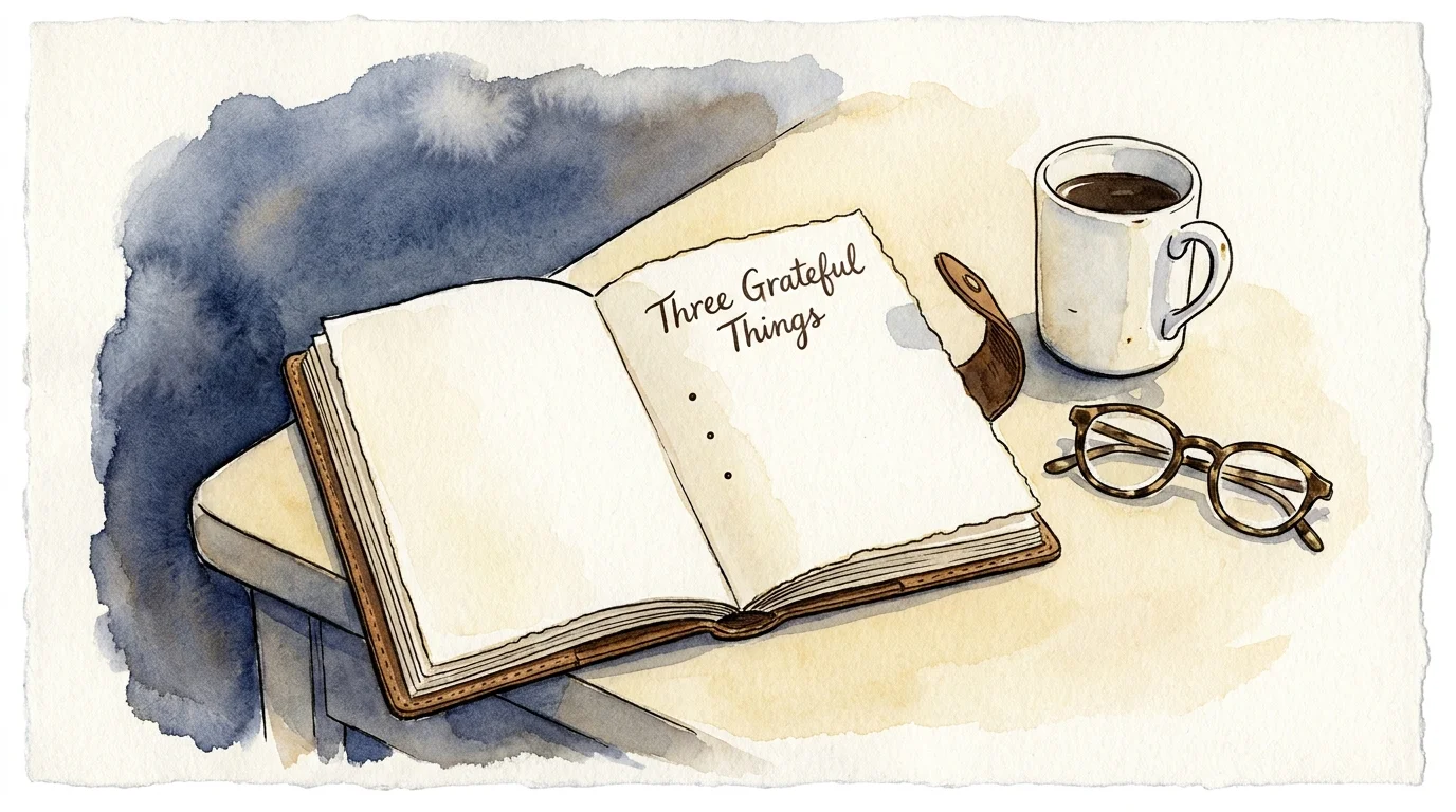 A watercolor illustration of a gratitude journal and a cup of tea on a nightstand.