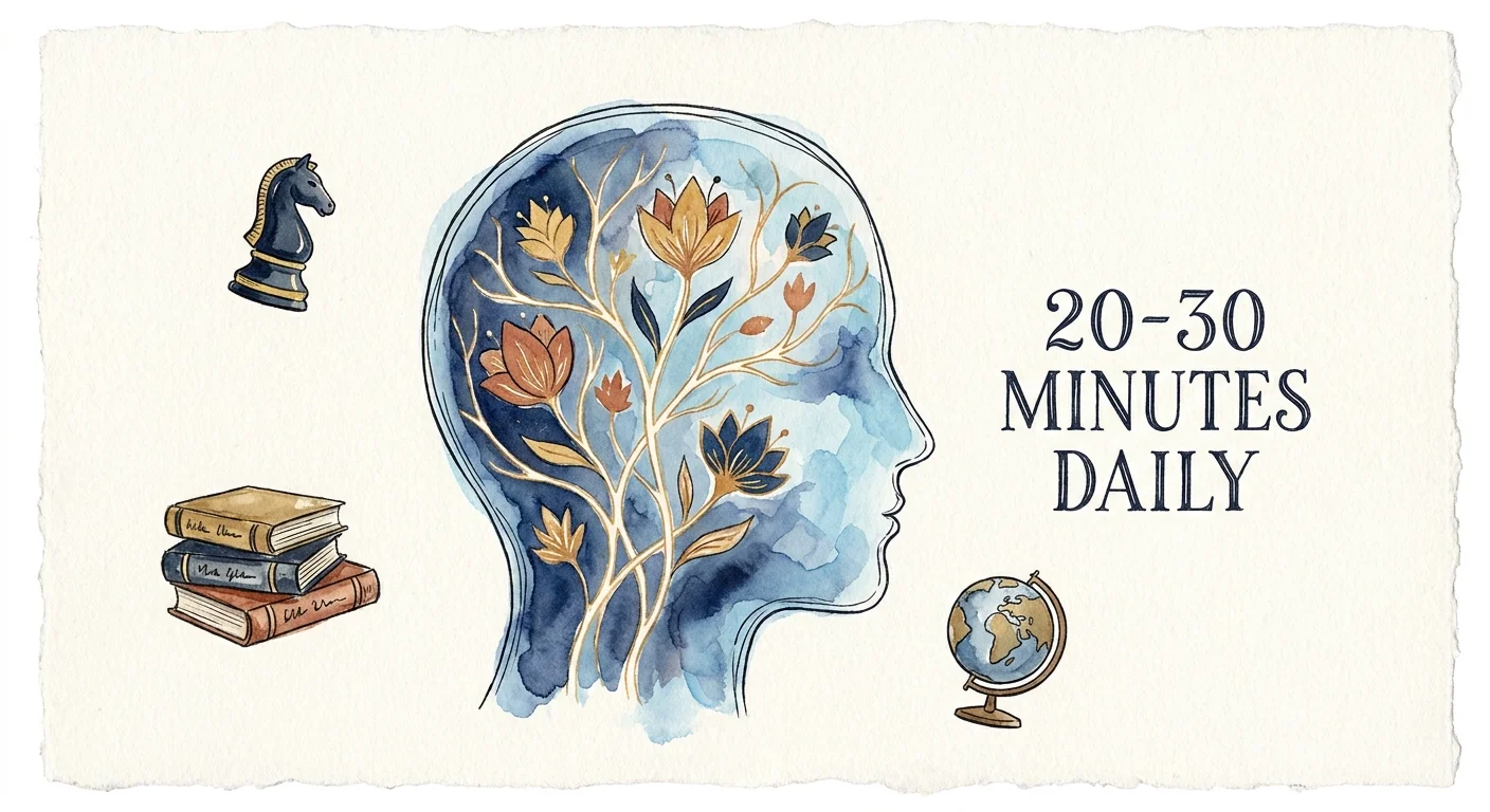 A watercolor illustration of a head filled with a glowing garden, symbolizing brain health and daily learning.