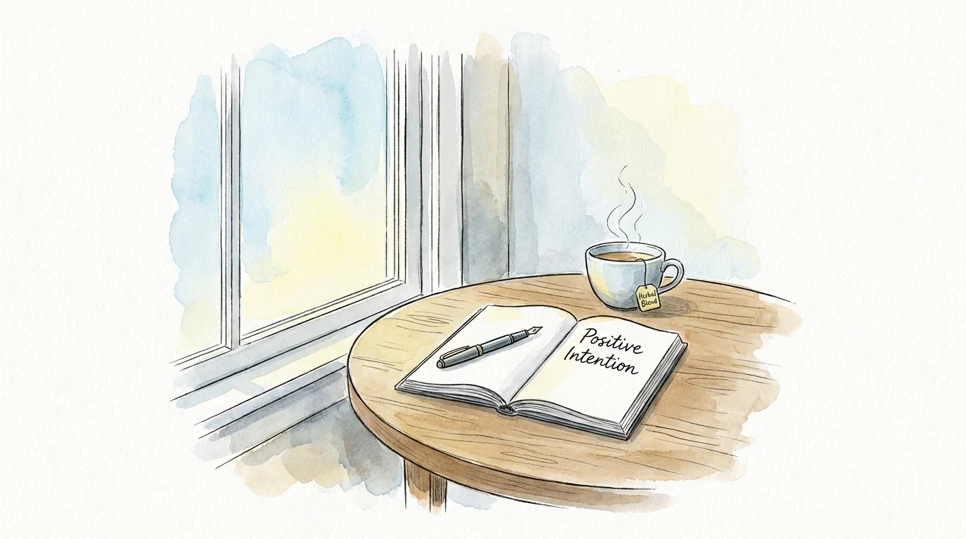A watercolor illustration of a journal, a pen, and a cup of tea on a table by a sunny window.