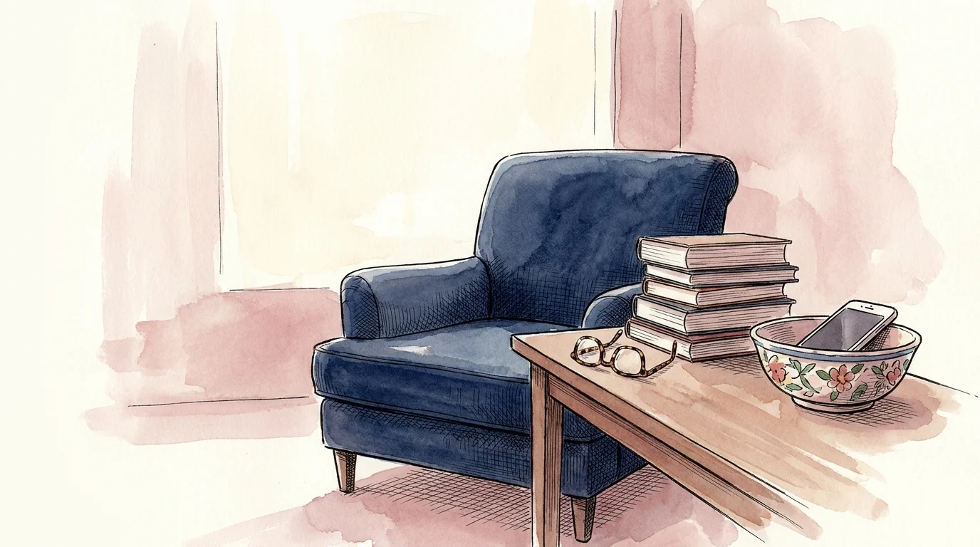 A watercolor illustration of a reading nook with books and a phone placed face-down in a bowl for a digital detox.