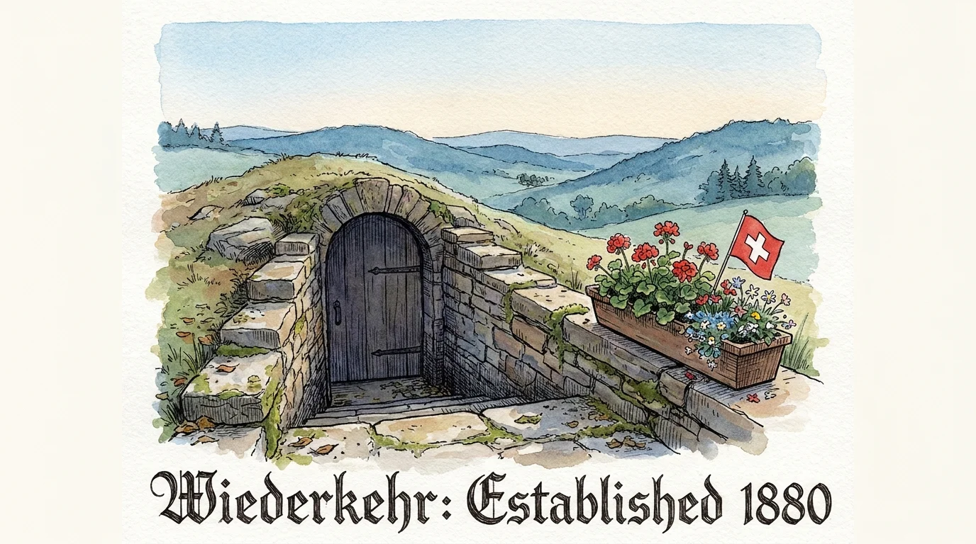 A watercolor illustration of a stone cellar entrance in the Ozark Mountains with a small Swiss flag and the text 'Established 1880'.