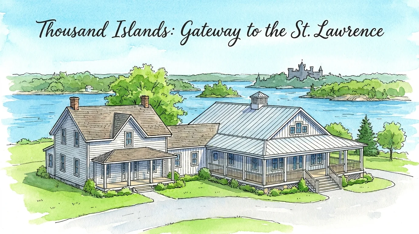 A watercolor illustration of a winery farmhouse near the St. Lawrence River with islands and a castle in the distance.