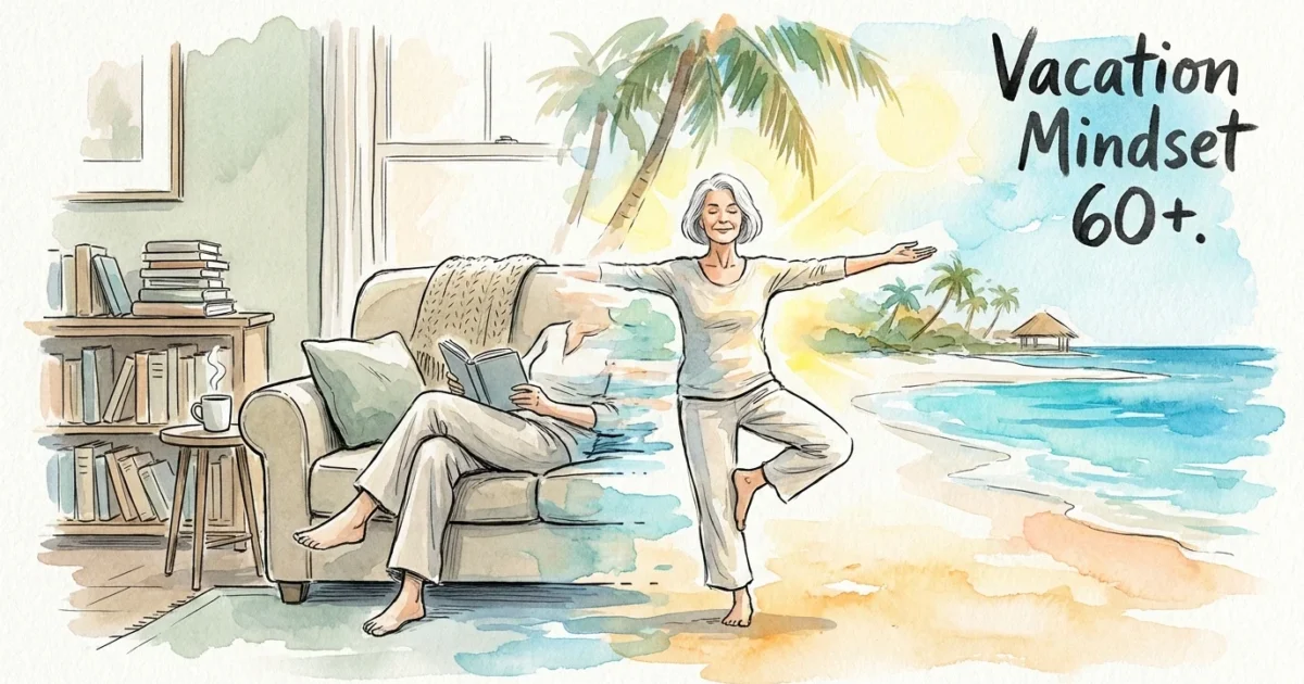 A watercolor illustration of a woman transitioning from a cozy living room to a beach resort, symbolizing the retirement vacation mindset.