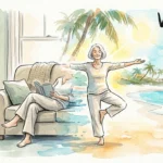 A watercolor illustration of a woman transitioning from a cozy living room to a beach resort, symbolizing the retirement vacation mindset.