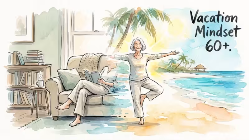 A watercolor illustration of a woman transitioning from a cozy living room to a beach resort, symbolizing the retirement vacation mindset.