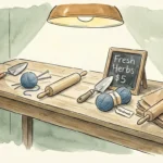 A watercolor illustration of a workbench where gardening tools and baking supplies transition into items for sale with price tags and labels
