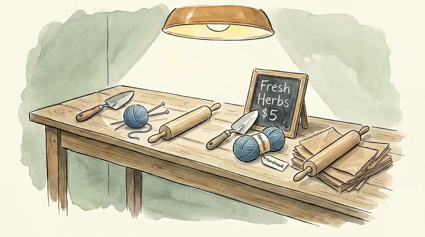 A watercolor illustration of a workbench where gardening tools and baking supplies transition into items for sale with price tags and labels