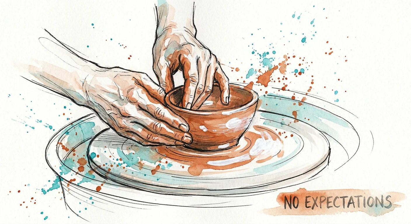 A watercolor illustration of hands shaping clay on a pottery wheel with vibrant color splashes.