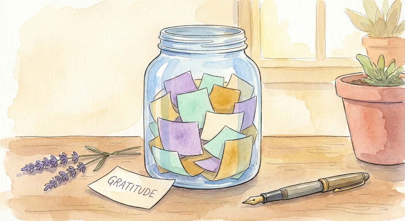 A watercolor painting of a glass jar filled with colorful slips of paper next to a fountain pen.