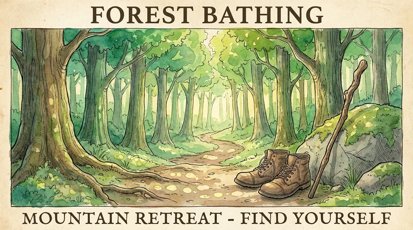 A watercolor painting of a peaceful forest path with sunlight filtering through the trees.