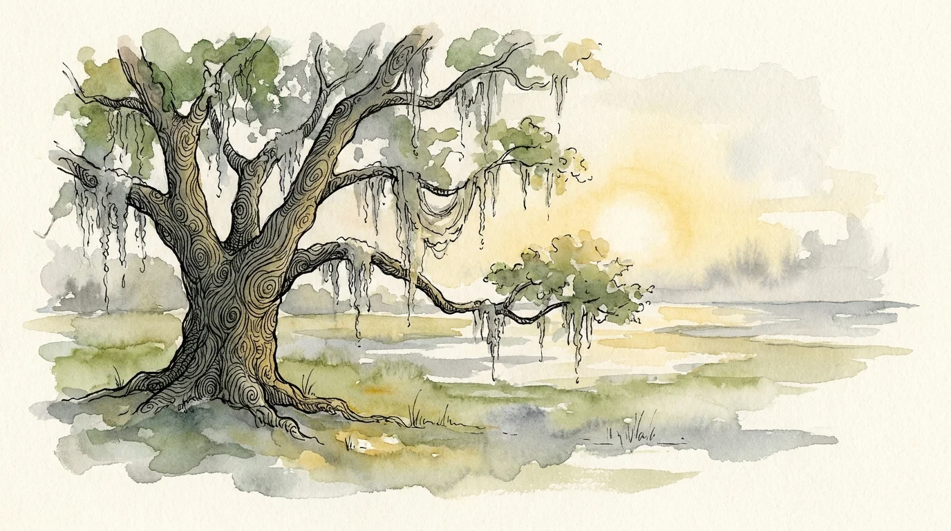 A watercolor painting of an ancient live oak tree with Spanish moss on the Georgia coast, evoking a sense of Southern tranquility.