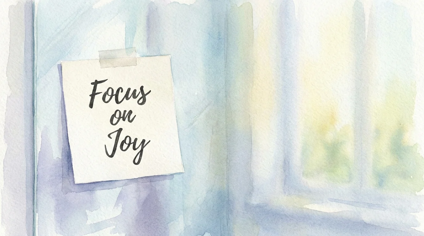 A watercolor sketch of a sticky note on a mirror that says 'Focus on Joy'.