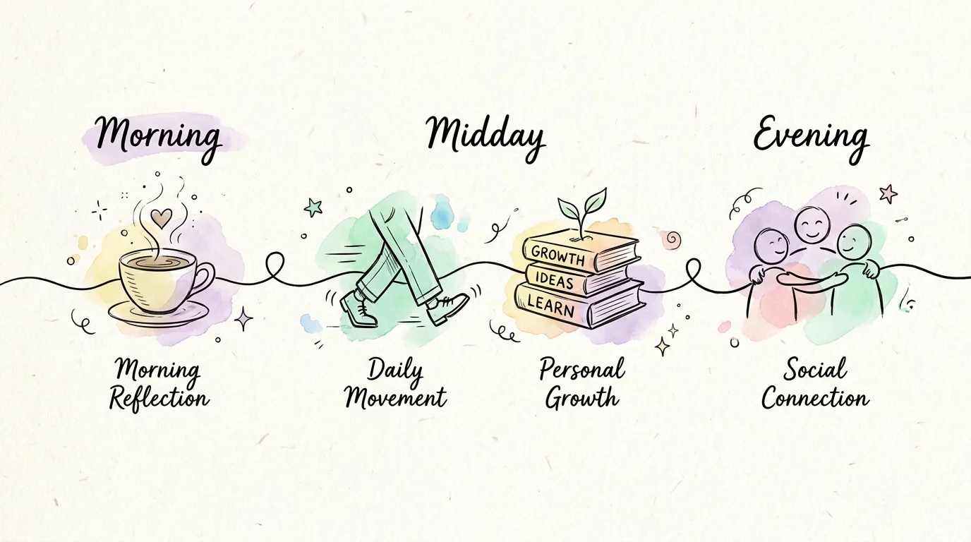 A watercolor timeline of a senior's day showing icons for coffee, walking, reading, and socializing.