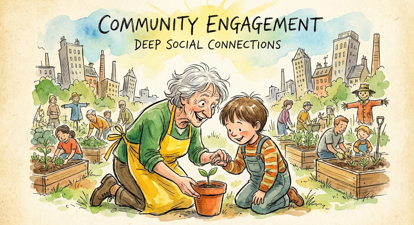 A whimsical watercolor illustration of an older volunteer and a child planting a seedling in a community garden.