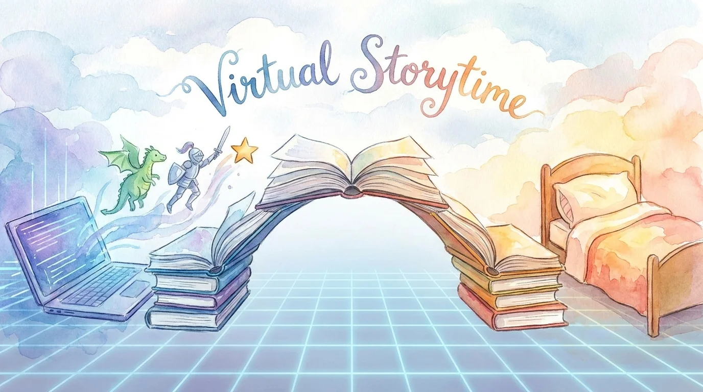 A whimsical watercolor showing a bridge of books connecting a computer screen to a child's bedroom.