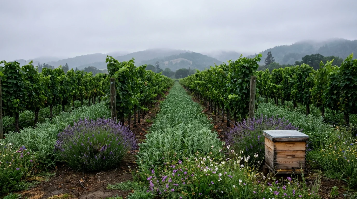 A wide view of a sustainable vineyard with wildflowers and beehives in the foreground under a misty morning sky.