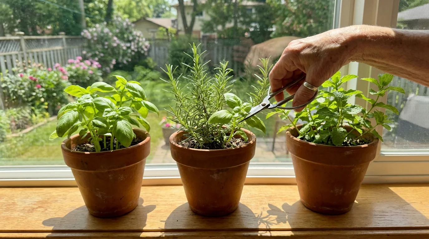A windowsill herb garden with terracotta pots of basil and rosemary being harvested by a senior.