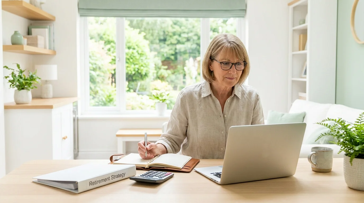 A woman in a bright home office organizing her retirement strategy binder and laptop, looking empowered.