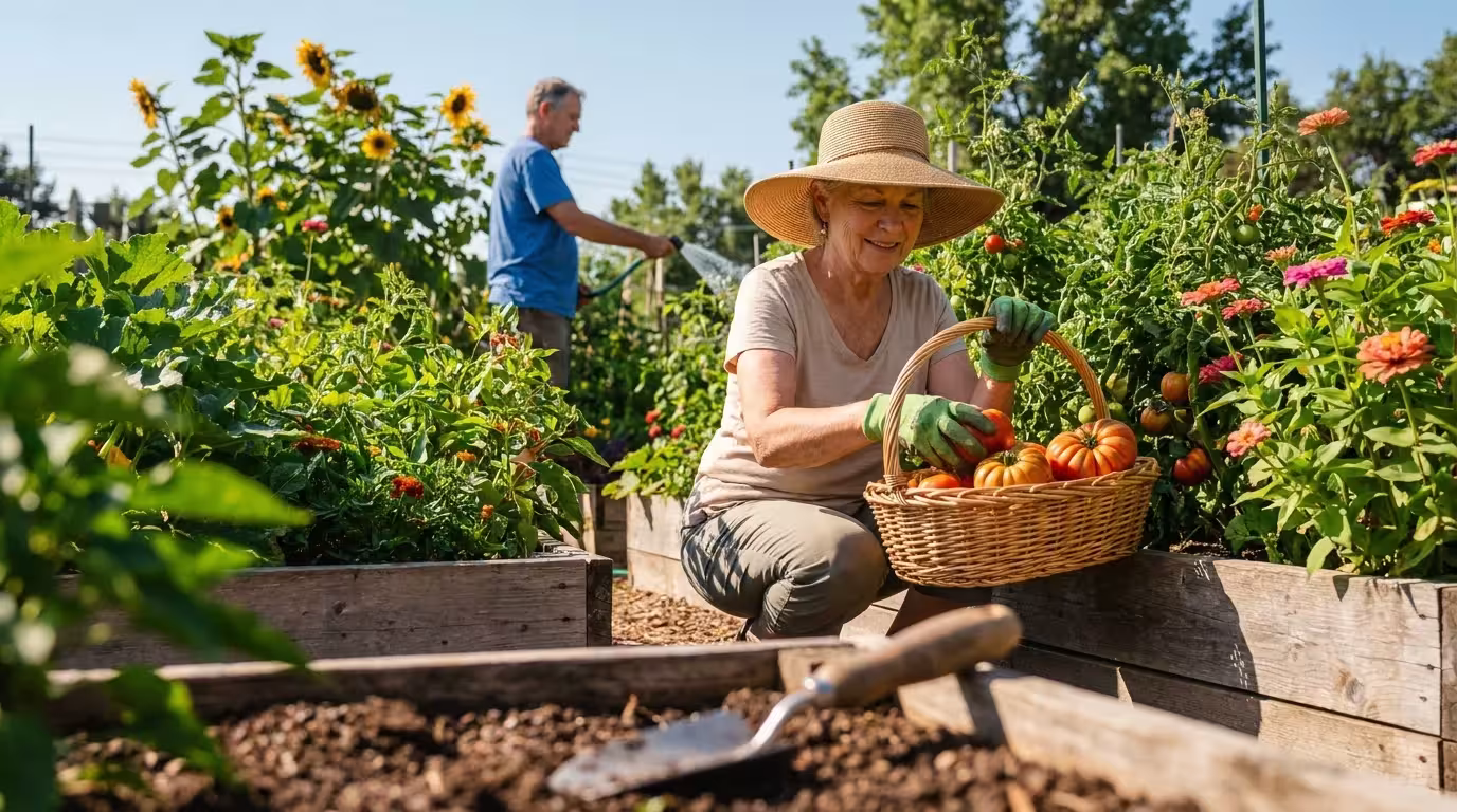A woman in a straw hat harvests tomatoes in a lush, crowded community garden on a sunny morning.