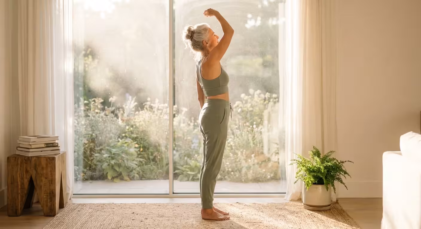 A woman performs a gentle stretch in a sun-drenched living room, illustrating the benefits of morning light and movement.