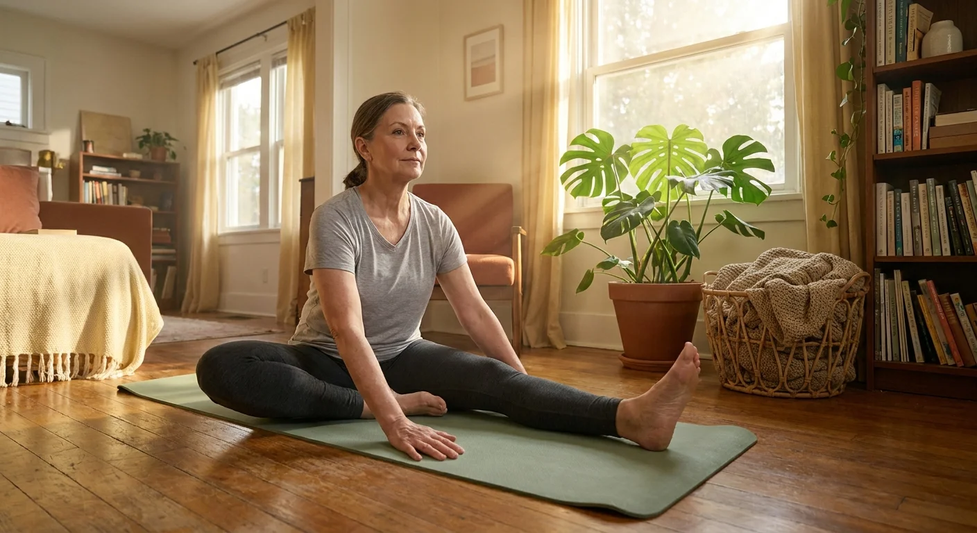 A woman practices yoga in her sunlit living room as part of a healthy morning retirement routine.