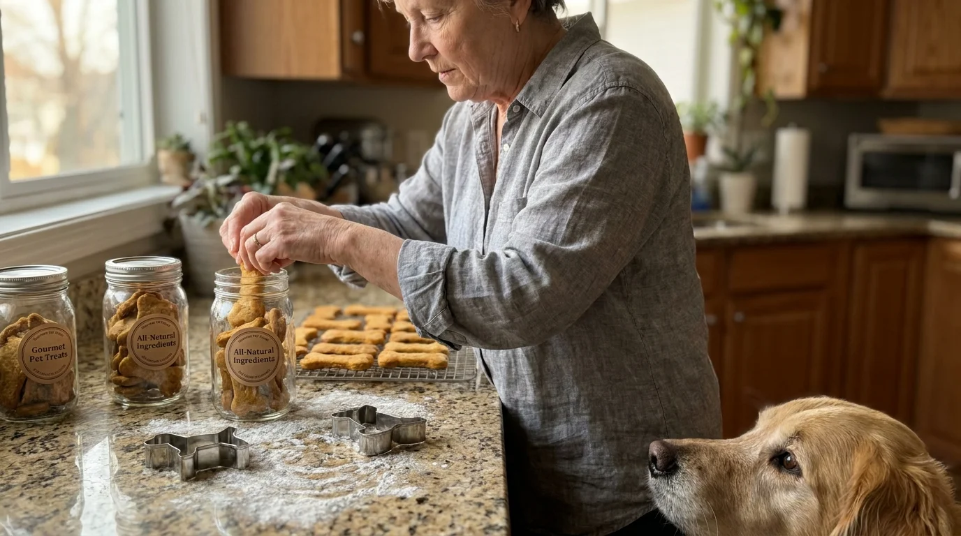 A woman puts bone-shaped homemade dog treats into glass jars in a cozy kitchen while a dog watches from below.