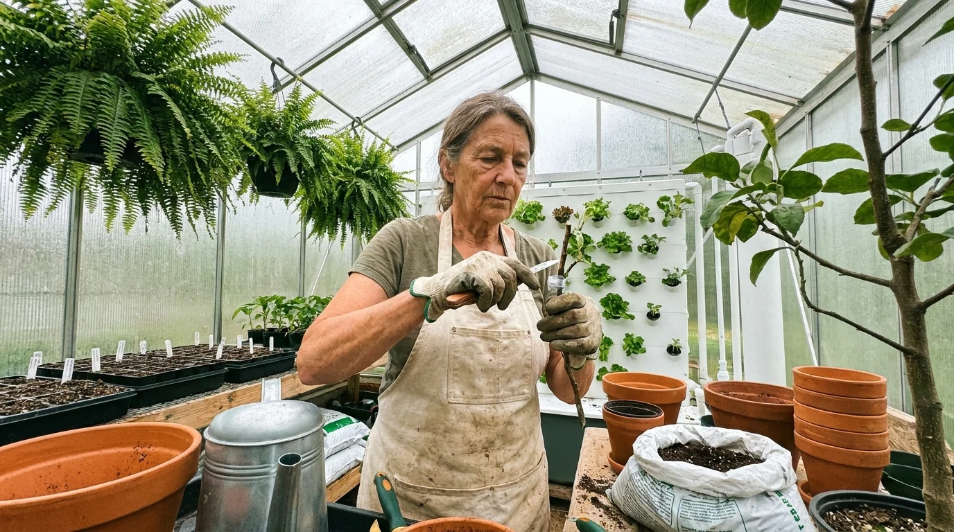 A woman working in a well-equipped greenhouse, grafting a plant amidst various gardening tools and greenery.