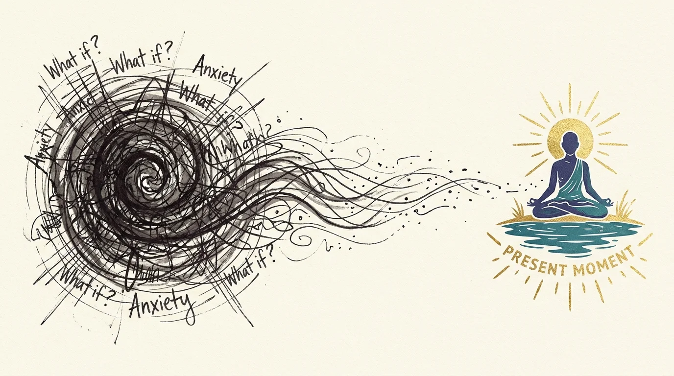 An abstract art piece showing chaotic dark lines on the left transforming into a calm, blue pool of water on the right.