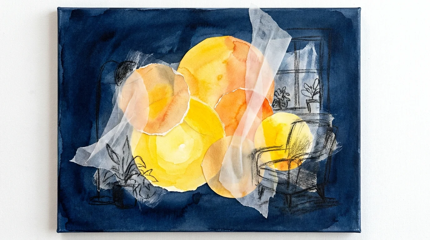 An abstract collage of warm glowing circles against a dark navy background, representing cozy bedroom lighting.
