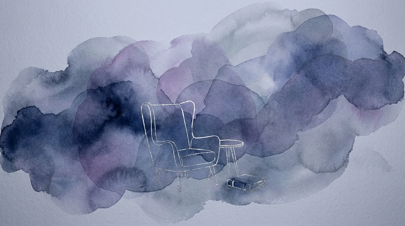 An abstract watercolor and silver-leaf composition in cool tones representing a quiet, private space for reflection.