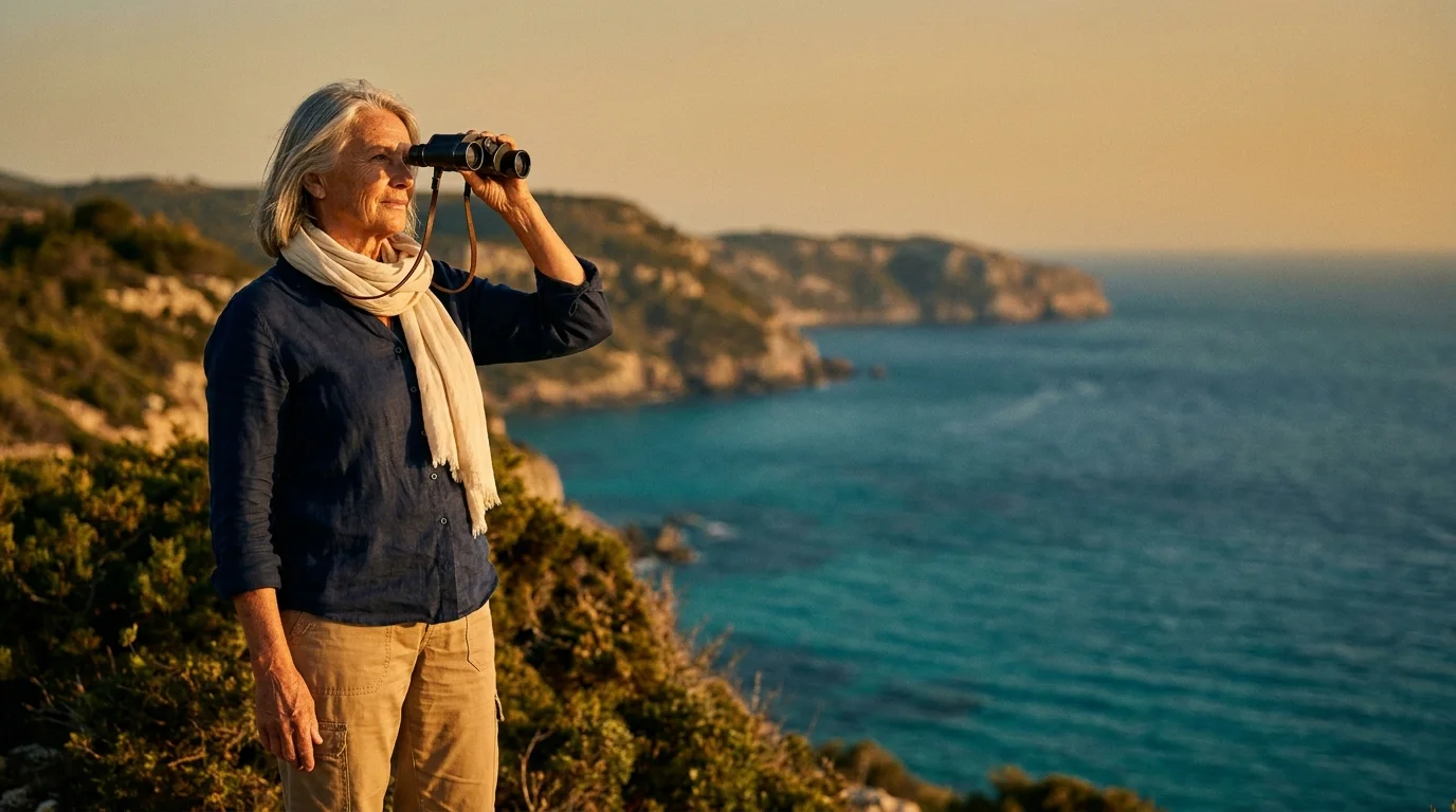 An active senior woman looks through binoculars from a coastal cliff over the Mediterranean sea during golden hour.
