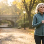 An active senior woman walking briskly through a sunny autumn park, representing health and vitality in later years.