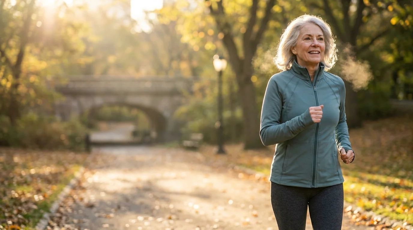 An active senior woman walking briskly through a sunny autumn park, representing health and vitality in later years.
