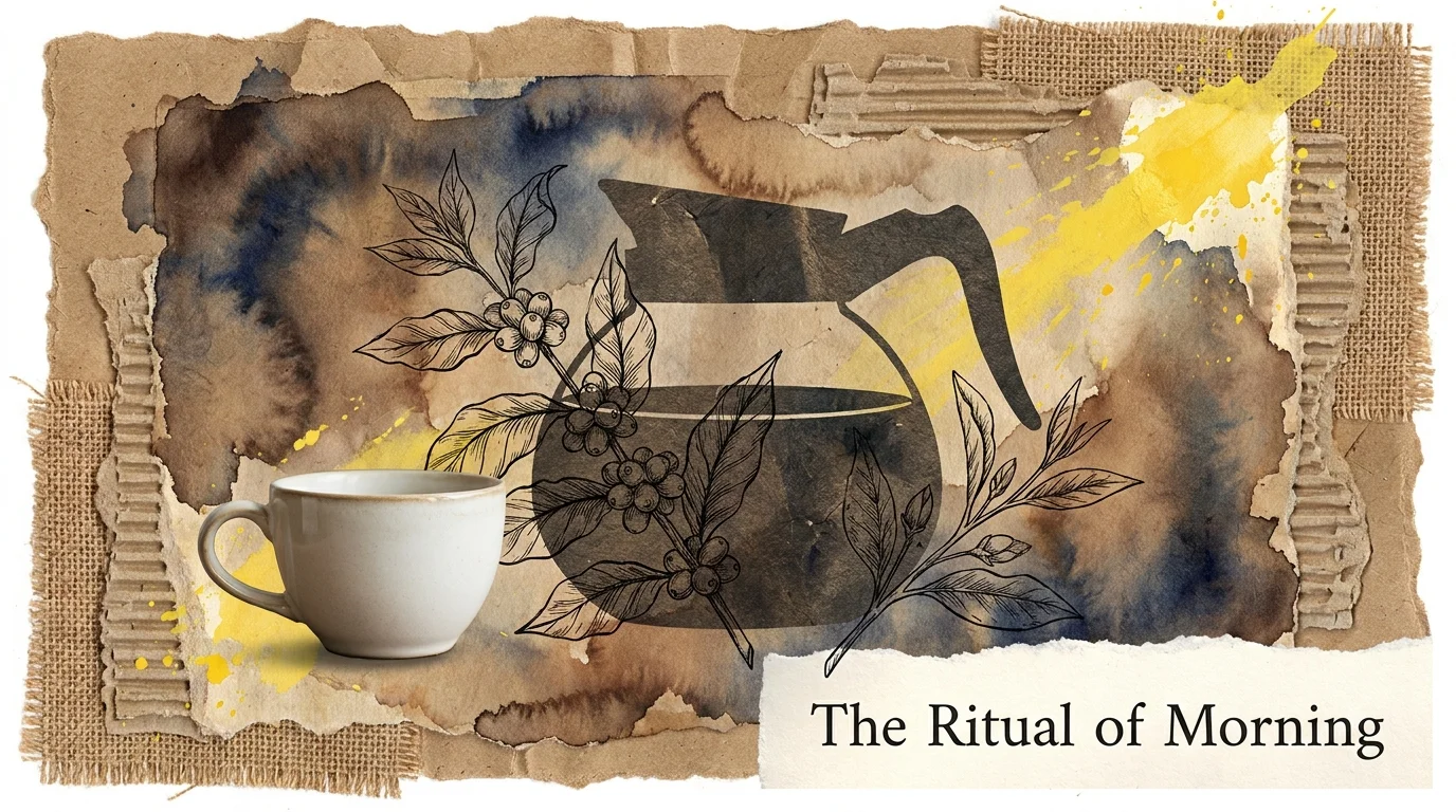 An artistic collage featuring a coffee carafe, tea leaves, and burlap textures, celebrating the morning beverage ritual.
