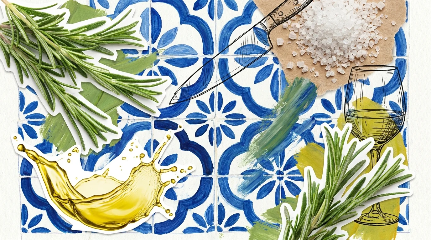An artistic collage of culinary ingredients like rosemary, olive oil, and sea salt against a blue tile background.