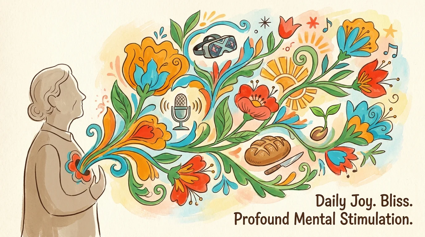 An artistic illustration of a person's silhouette with a vibrant garden of hobbies blooming from their mind and heart.