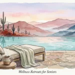An artistic watercolor illustration of a serene spa retreat with an infinity pool overlooking desert and mountain landscapes at dawn.