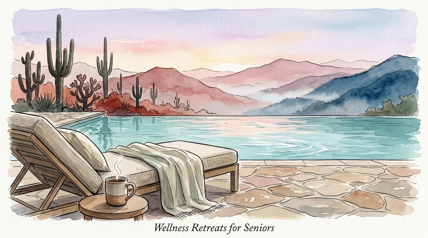 An artistic watercolor illustration of a serene spa retreat with an infinity pool overlooking desert and mountain landscapes at dawn.