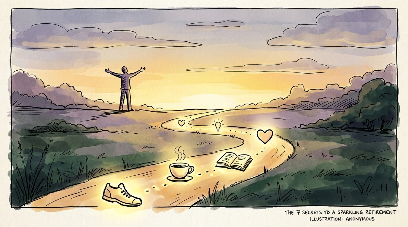 An artistic watercolor of a winding path with icons representing retirement secrets, leading toward a sunset.