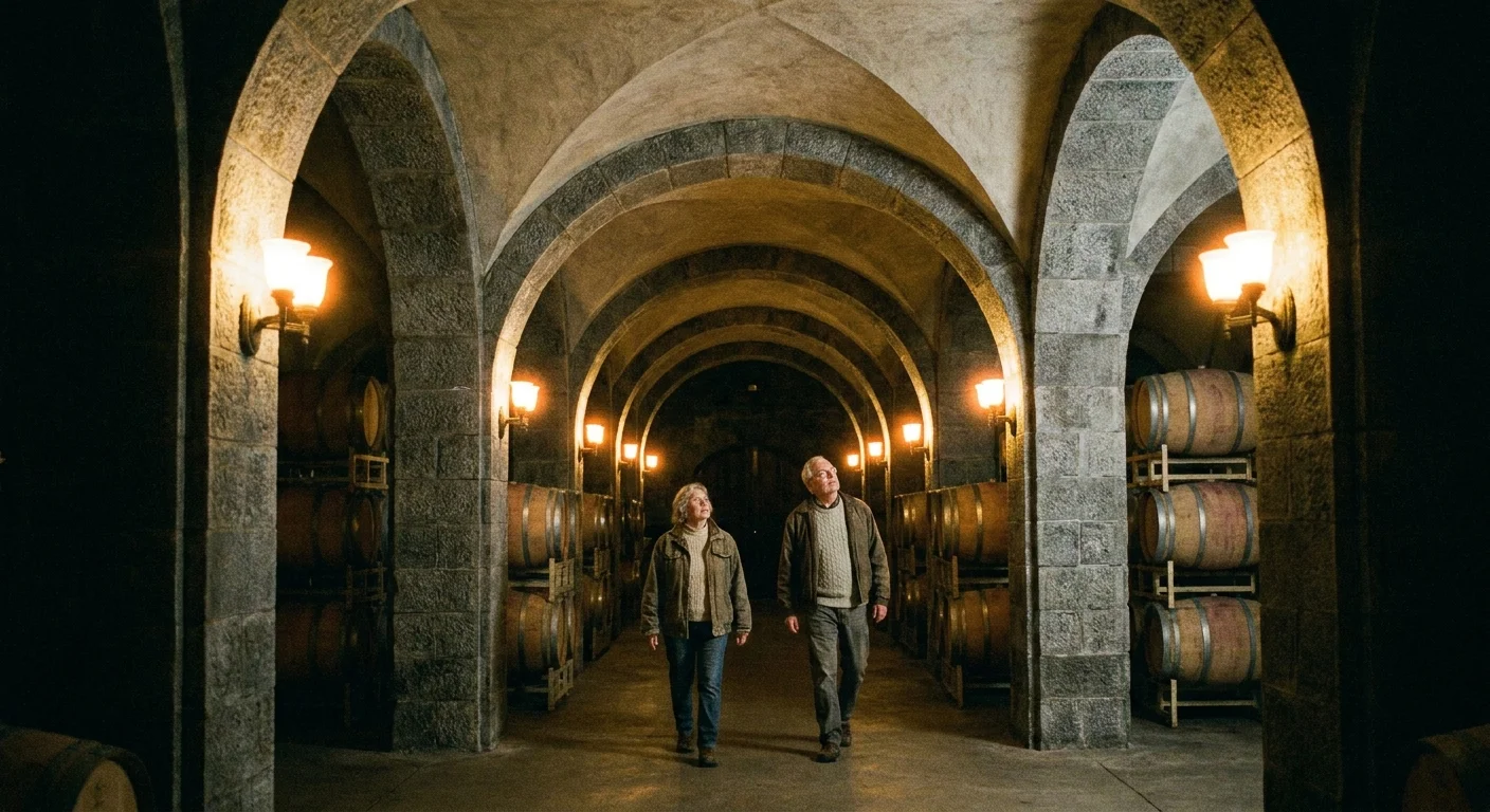 An atmospheric photo of a historic stone wine cellar with high arches and wooden barrels, softly lit by warm wall lamps.