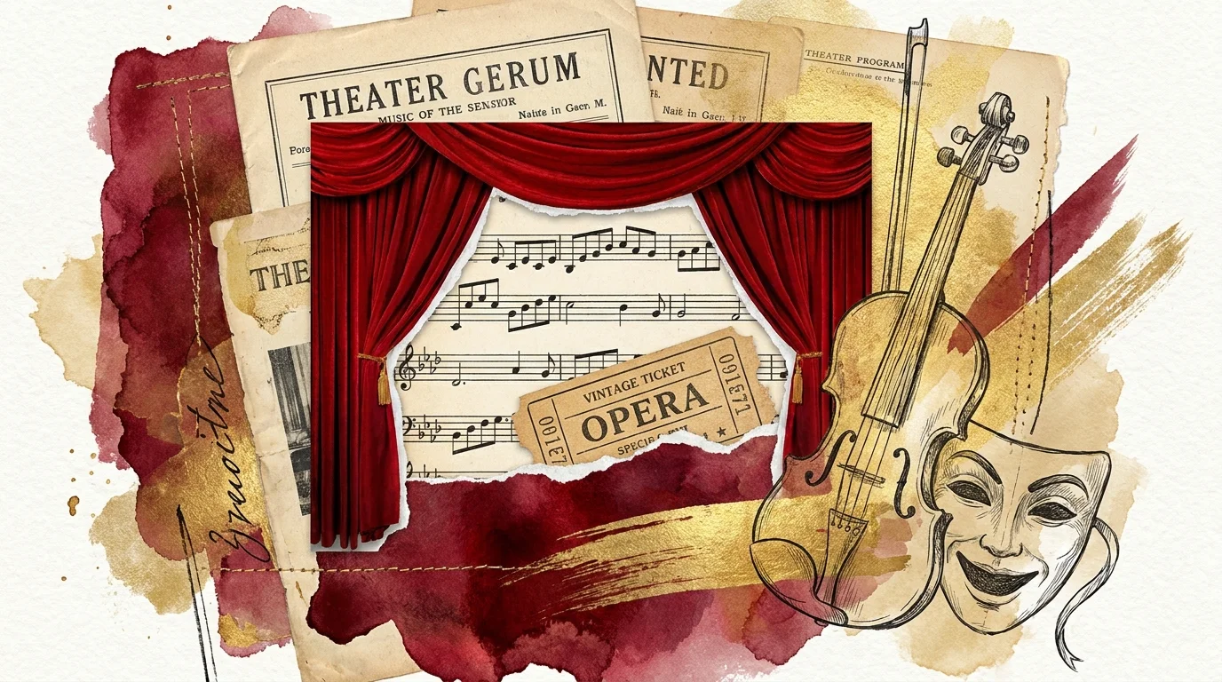 An elegant collage of theater curtains, musical notes, and vintage tickets, symbolizing the world of performing arts.