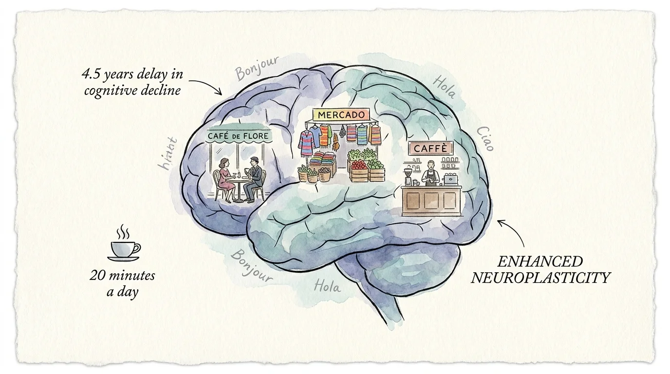 An illustration of a brain containing travel scenes, with text about delaying cognitive decline and practicing 20 minutes a day.