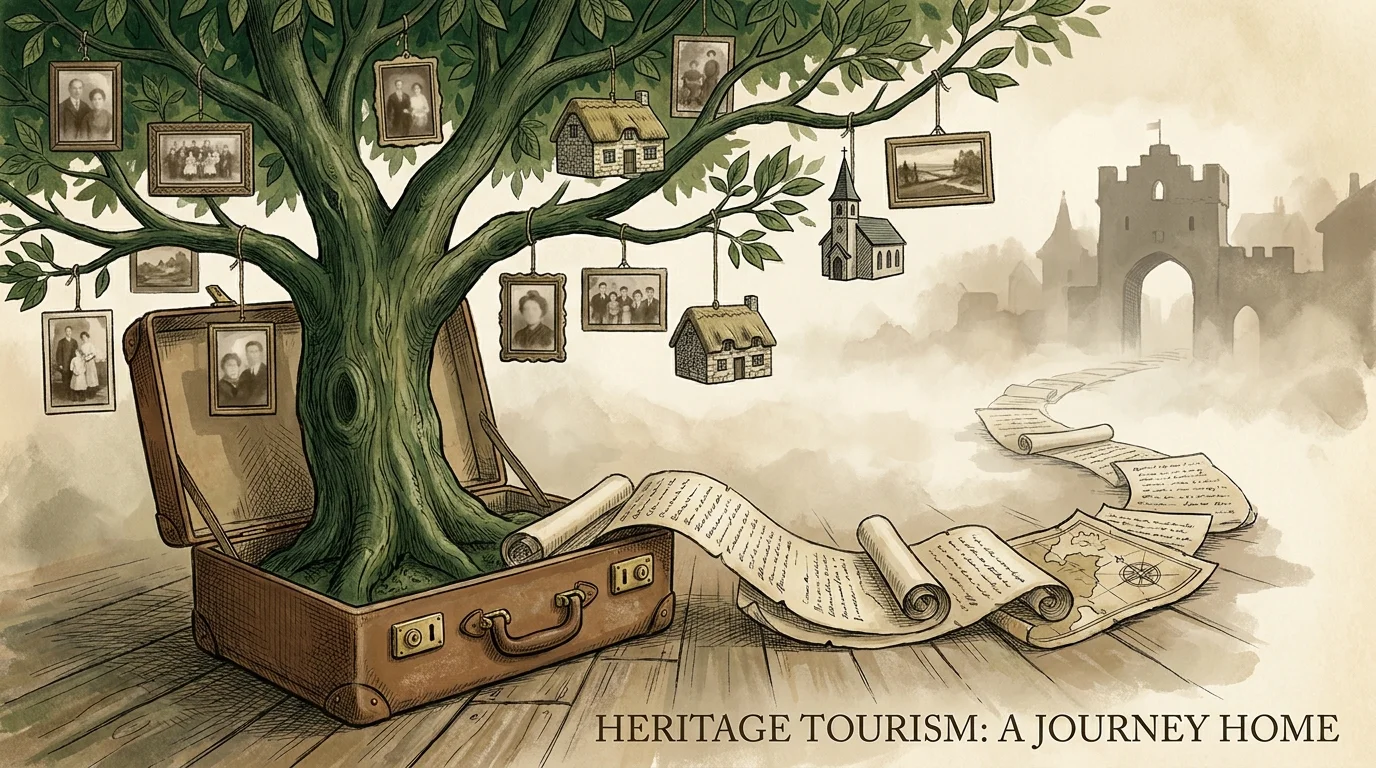 An illustration of a family tree growing out of an open suitcase, representing the journey of heritage tourism.