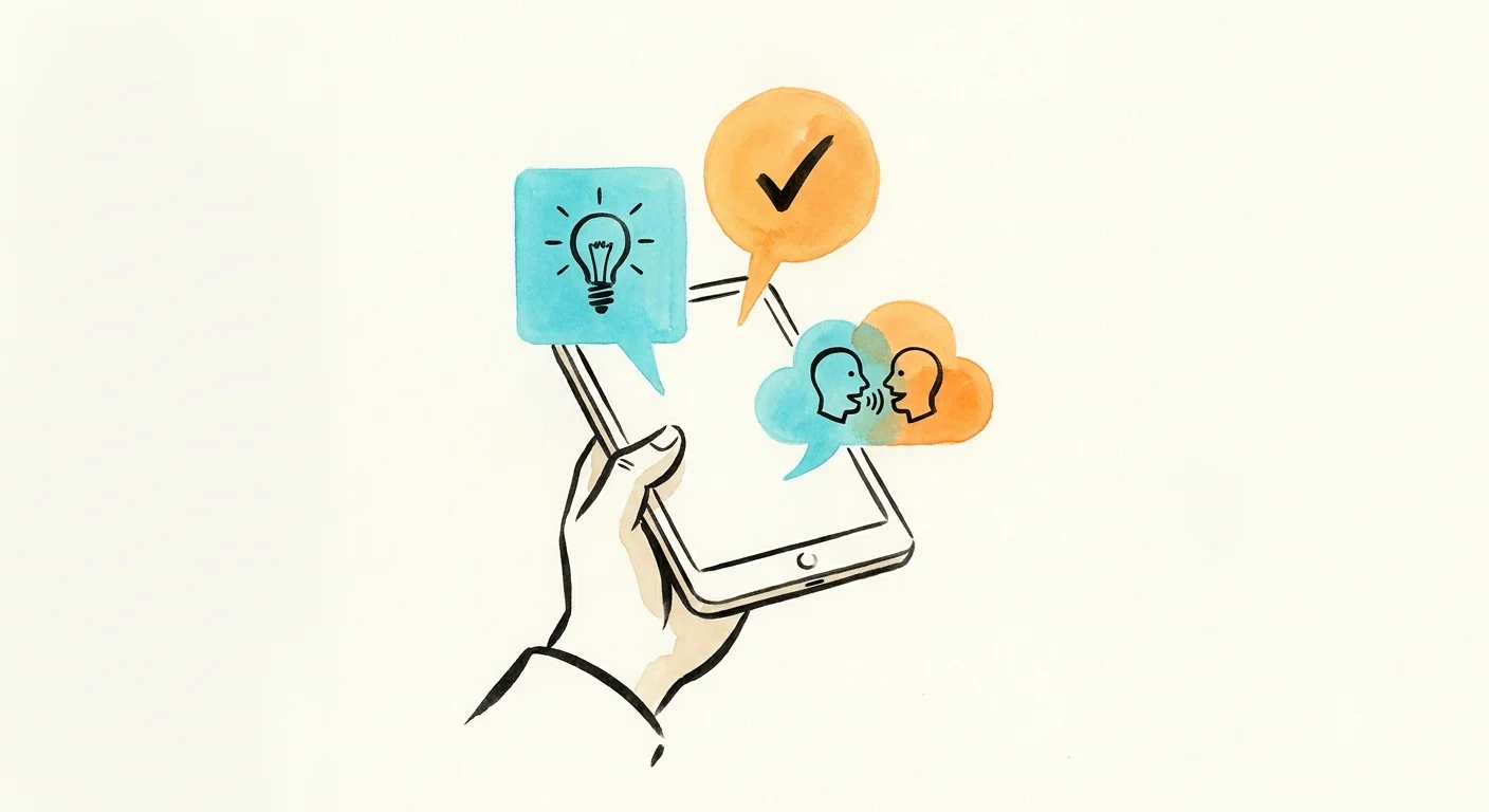 An illustration of a hand holding a tablet with colorful speech bubbles coming out of it.