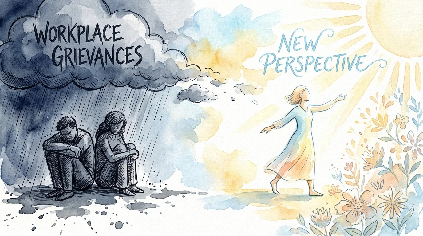 An illustration of a person stepping out from under a dark cloud of 'Workplace Grievances' into bright, colorful retirement sunshine.