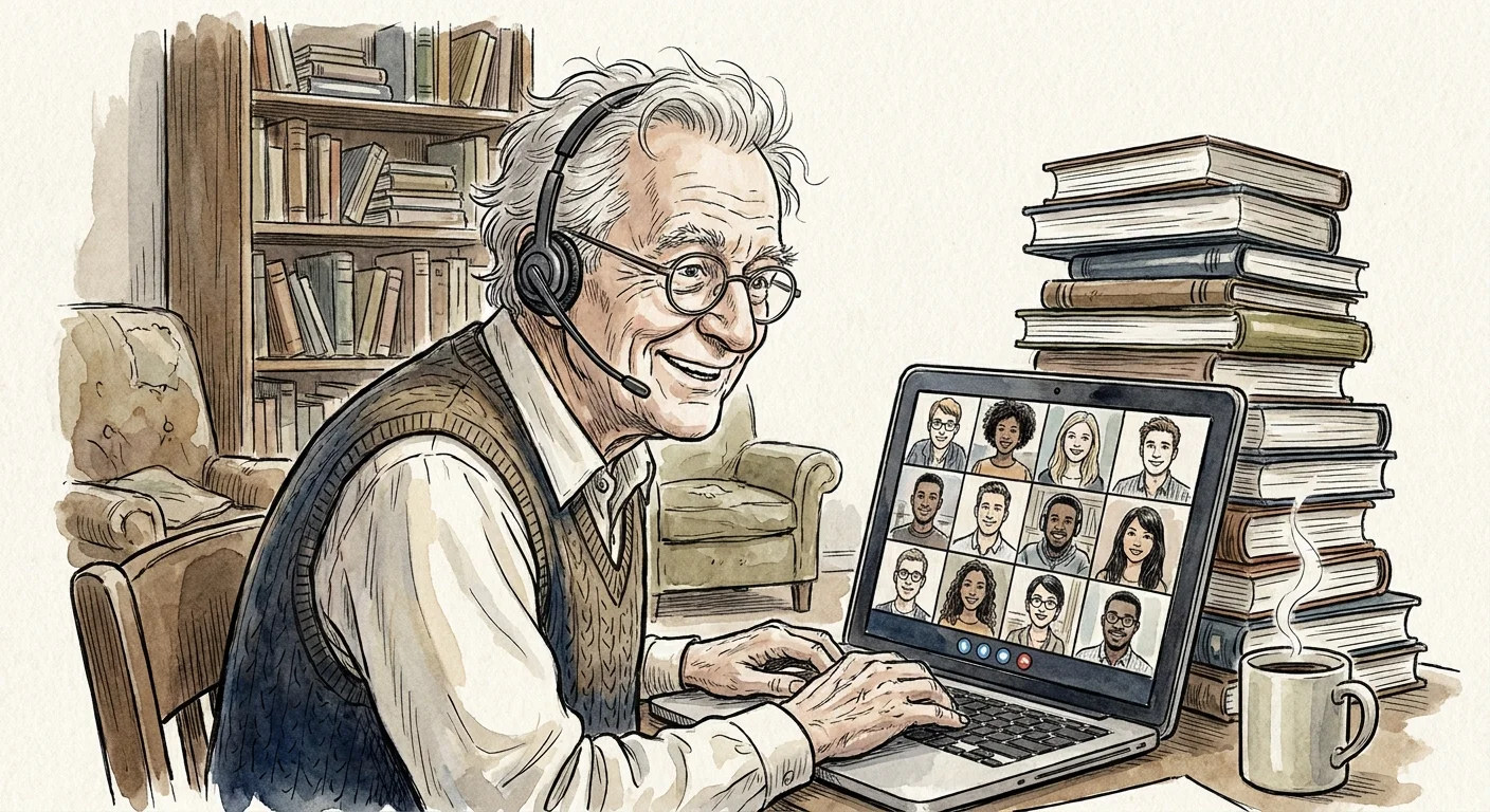 An illustration of a senior man teaching a class of students via a video call on his laptop.