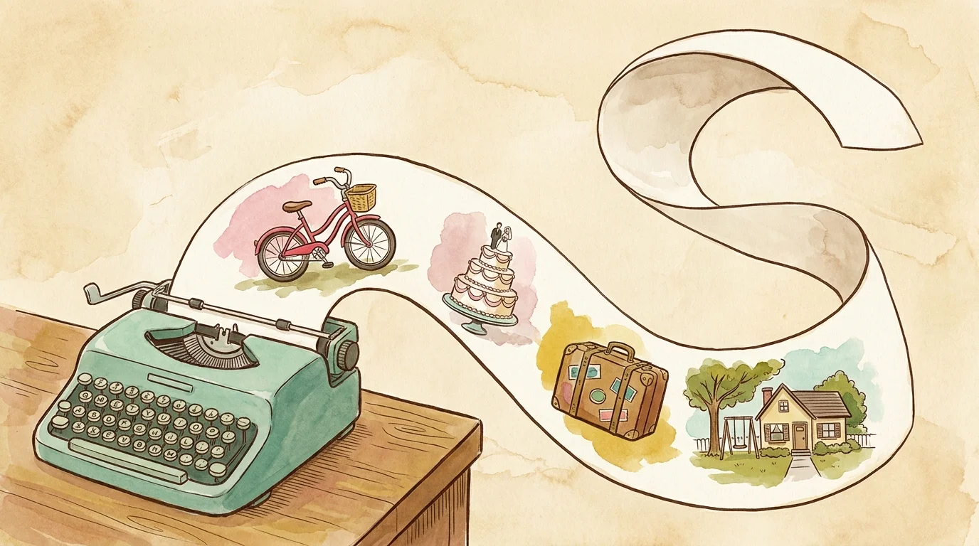 An illustration of a vintage typewriter with a long scroll of paper showing small painted scenes of life memories.