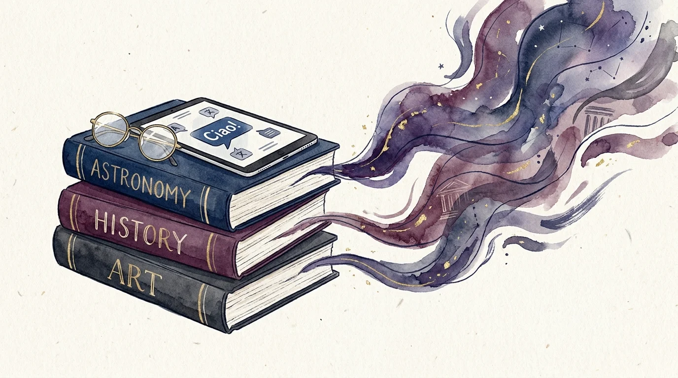 An illustration of books and a tablet showing a language app, representing the habit of lifelong learning.