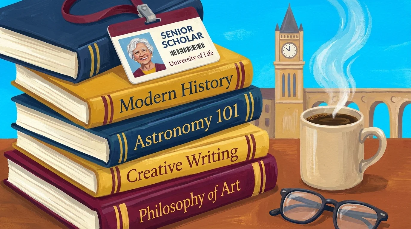 An illustration showing a stack of college books and a 'Senior Scholar' ID card, representing free university courses for retirees.