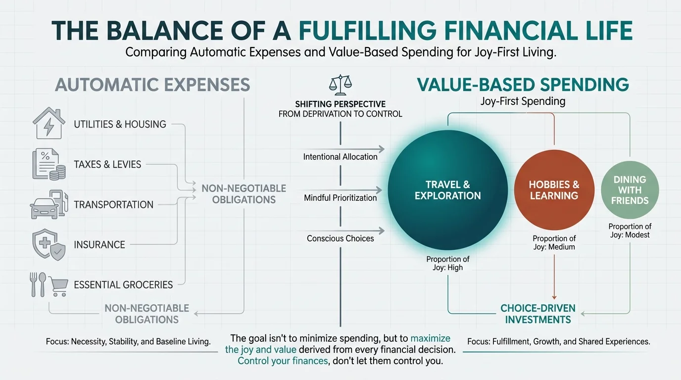 An infographic comparing different types of spending, highlighting 'Joy-First' categories like travel and hobbies.